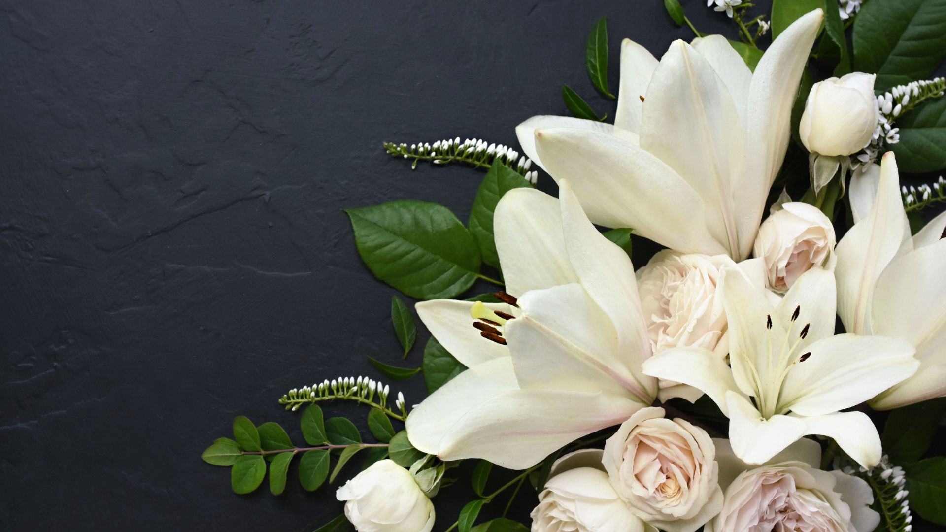 White delicate lily flowers composition, condolence flower background card White delicate lily flowers composition, condolence flower background card